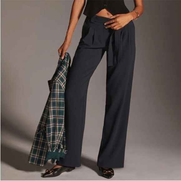 Anthropologie Maeve Tailored Trousers Tie Belt Dark Navy Size 8 - Picture 1 of 16